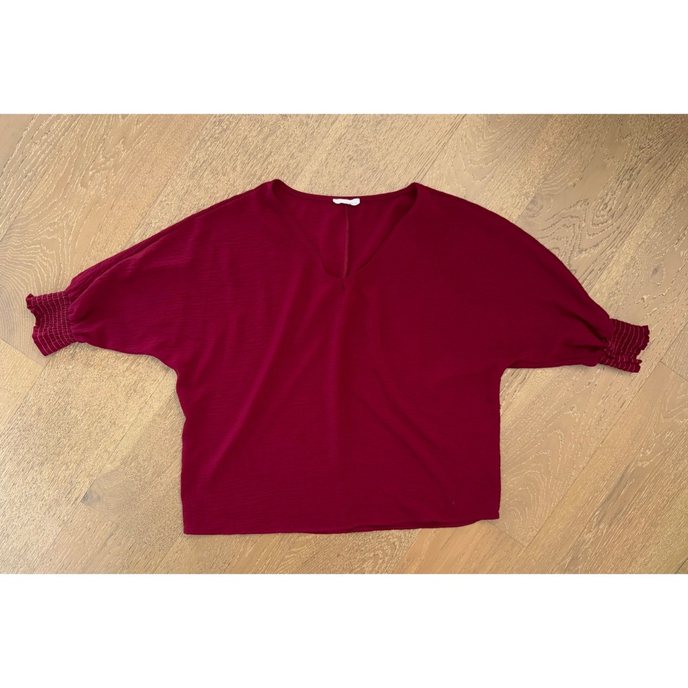 ee:some Burgundy V-Neck Batwing Sleeve Smocked Cuff Blouse Top Medium